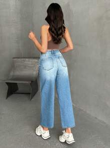 EURMUSE HIGH WAIST CROPPED STRAIGHT LEG JEAN - Medium Wash - View 4