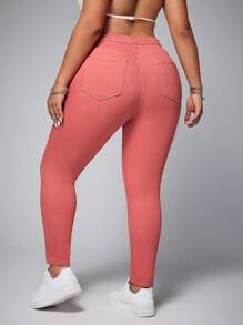 SHEIN EZwear 加大码深色水洗猫爪印花高弹紧身牛仔裤女式夏季节日服装休闲牛仔裤 - 玫紅色 - 查看 2