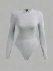 SHEIN BASICS Set de 2 bodys con cuello redondo de manga larga de punto de unicolor informal para mujer - Gris Claro - Ver 6