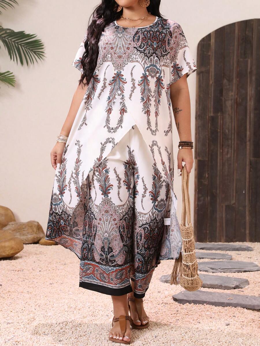 SHEIN Clasi Plus Size Women Holiday Loose All Over Print 2pcs Set - Multicolor - View 1