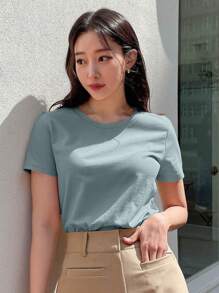 DAZY 女士實色圓領短袖t恤 - 淺藍色 - 查看 5