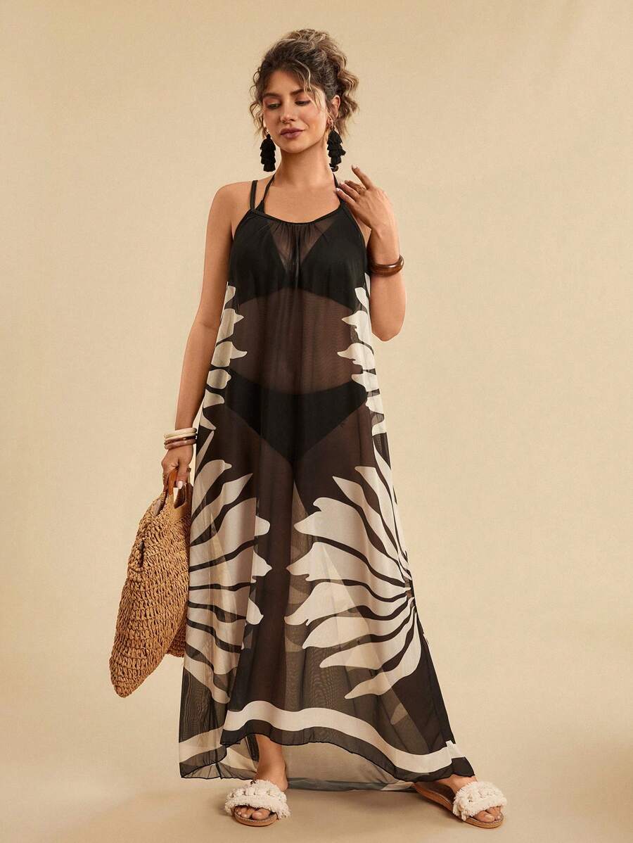 Travachic Plus Size Holiday Casual Tropical Beach Lightweight Sleeveless Loose Flowing Long Beach Cover Up Dress, Print Country Concert Outfit, Holiday Clothes, Vacation Outfits Woman, Festival - Multicolor - View 1