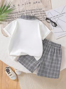 夏季新款简约英伦风套装拼布格子Polo衫+格子宽松短裤学院风青年男孩休闲两件套