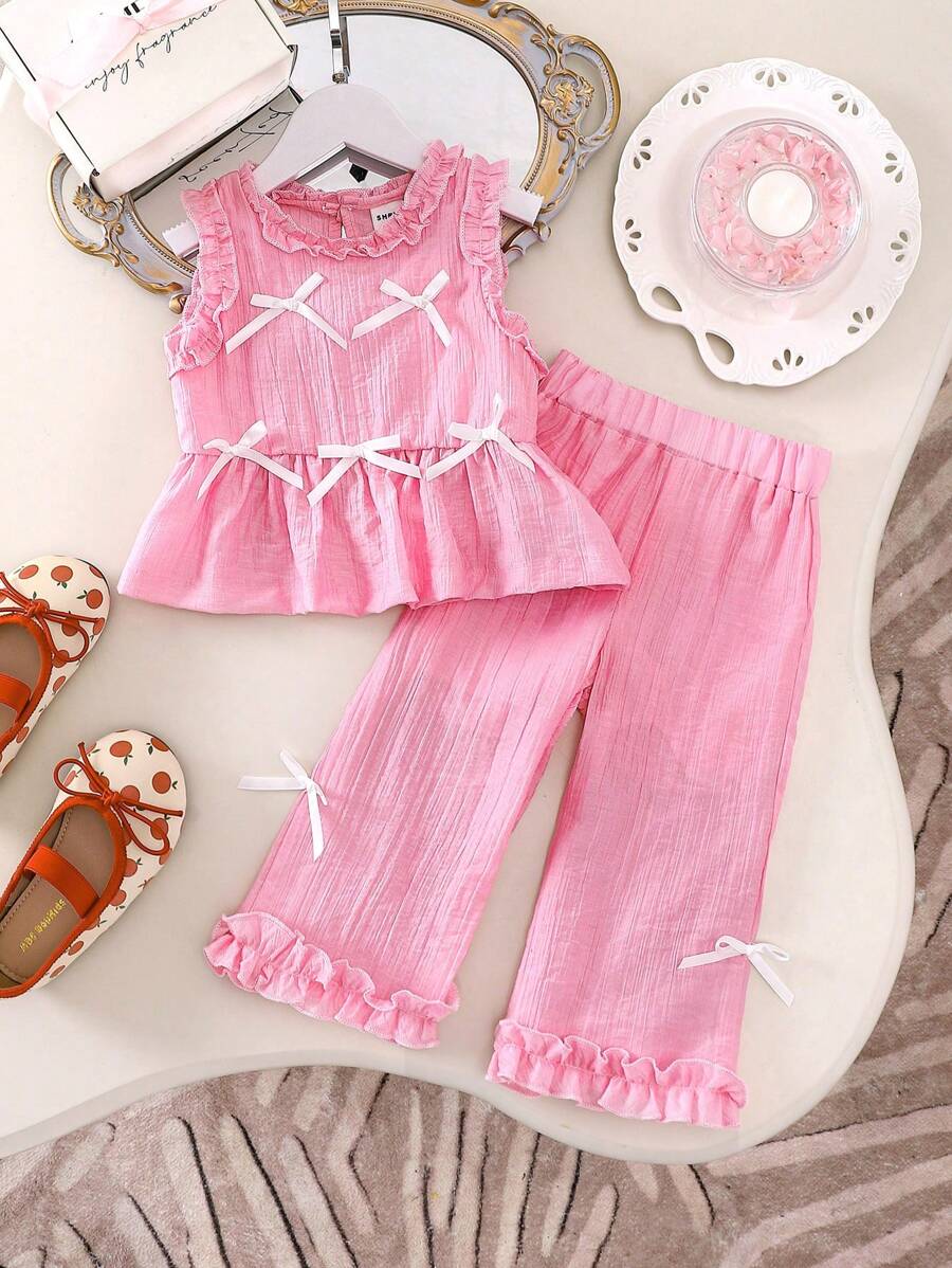 Baby Girls Ruffle Outfit, Summer New Solid Color Sweet Top + Casual Pants Set - Dusty Pink - View 1