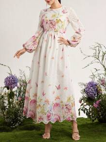 Modelyn Đầm tay loe in họa tiết thêu khoét rỗng eo cho nữ - Nhiều màu - Xem 5