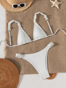 Swim Vcay Women Beach Summer 2 Pieces Bikini Set, Solid Color Textured Fabric Ruffle Frill Strap Cute Swimwear - White - View 8