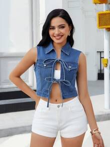 SHEIN Essnce Top court en jean body-con avec nœud pour femmes - Jean bleu - Voir 4