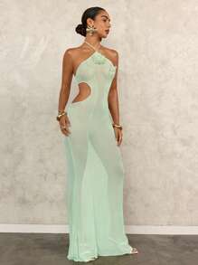 SHEIN Swim Vestido de malla con flores verde claro estilo sirena para mujer, vestido elegante y sexy de corte ceñido verde menta con diseño calado para cubrir traje de baño, para primavera/verano