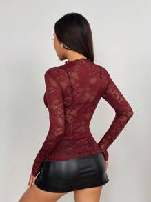 EgrlEra Blusa transparente y sexy con detalles de encaje y flores para mujer (corte aleatorio)