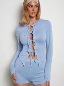 COSMINA Blusa de manga larga azul elegante y informal con cordones y diseño calado para mujer, ideal para primavera/verano