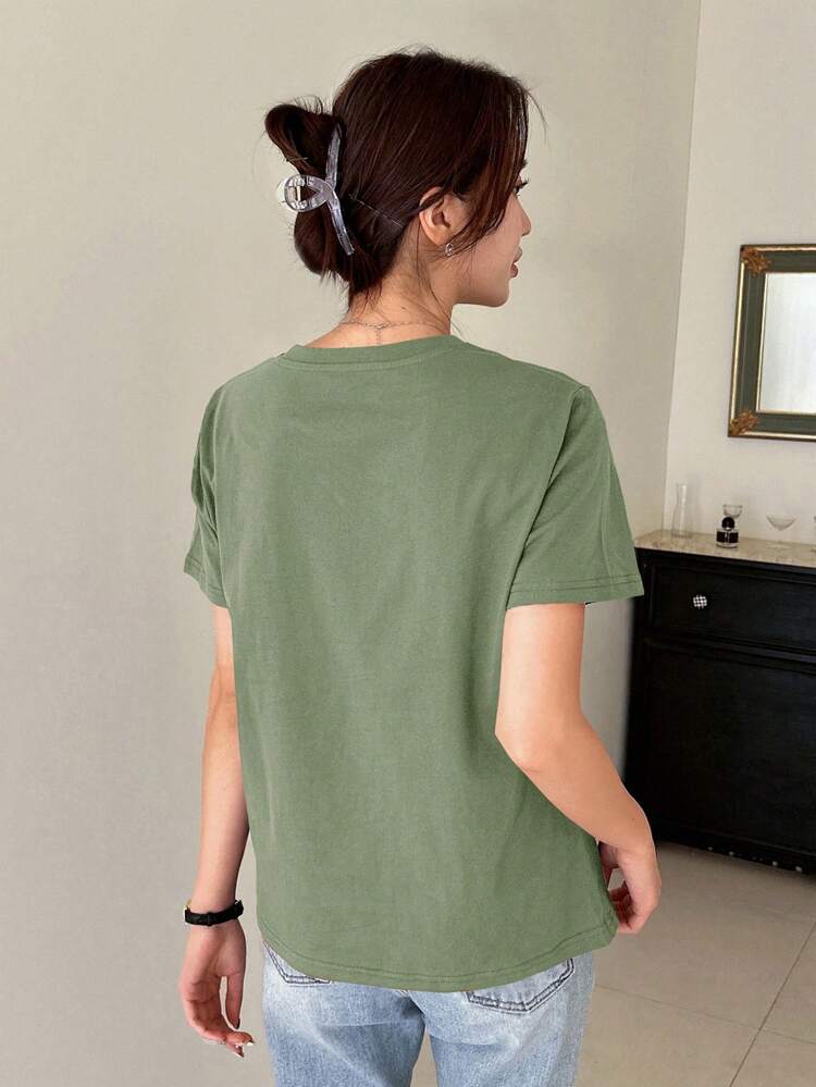 Women Fashion Solid Color Round Neck Short Sleeve T-Shirt