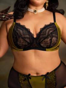 PinupGlam Vintage Palast-Satin-Spitzen-Große Größen-BH & Drahtloser BH