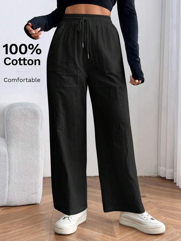 SHEIN PETITE Solid Color Loose Fit Straight Leg Pants With Drawstring Waist