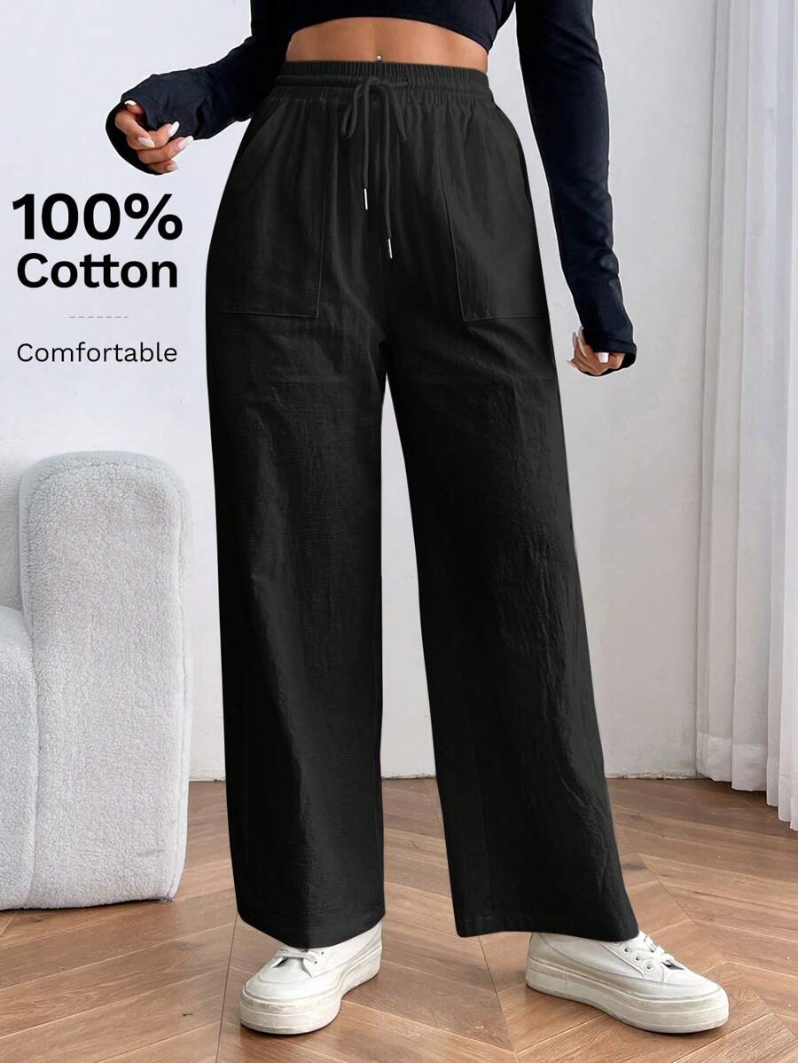 SHEIN PETITE Solid Color Loose Fit Straight Leg Pants With Drawstring Waist - Black - View 1