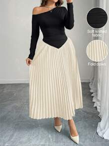 Celure Plus Size Asymmetric Collar Shoulder Pleat Patchwork Hem Elegant Party Dress, Suitable For Valentine's Day Maxi Women Outfit