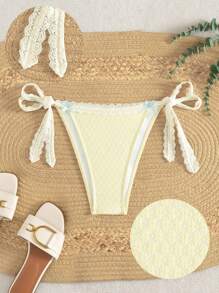 Swim Mod Women Beachwear Summer, New Cute Sweet Bowknot Pure White Lace Trim Bikini, Beach Vacation Swimwear Shorts - Yellow - View 3