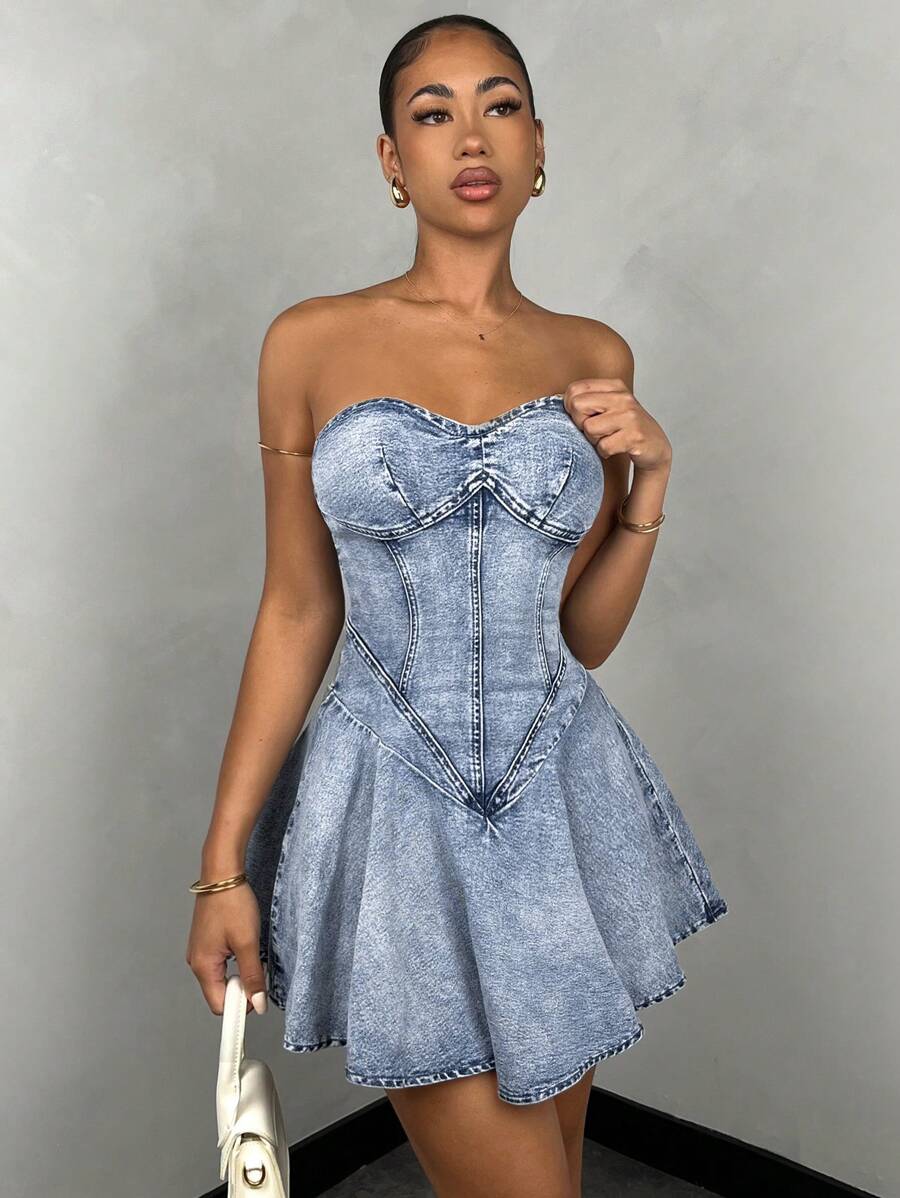 SHEIN BAE Women's Ruched Tube Top Short Denim Dress - Light Wash - View 1