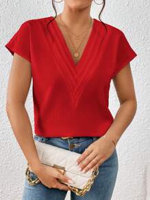 SHEIN Privé 女士纯色褶皱 V 领休闲短袖衬衫 - 紅色 - 查看 5