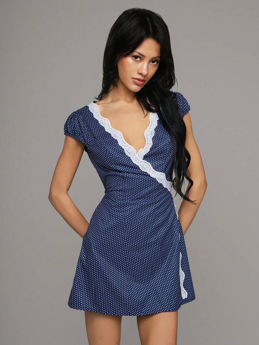 TRNVIE Neuer Frühlingsstil Vintage Französisch Damen V-Ausschnitt Spitzen Rüschen Polka Dot Muster Wickel Vorne Lässiges Straßen Mini Kleid