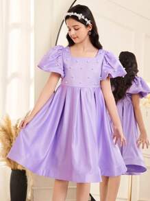 SHEIN Rochie elegantă pentru fete Tween, cu mâneci bufante, cu decolteu pătrat, cu împânzire, în formă de A - Roz fierbinte - Vizualizare 5