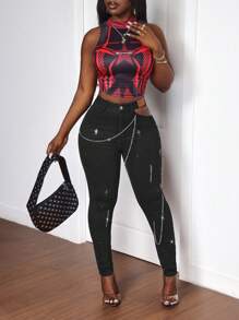 Slaydiva Women's Fashion Perforated Cross Chain Embellished Jeans - Black - View 2