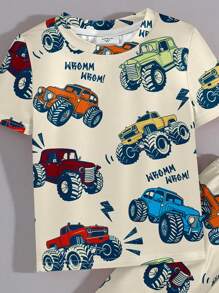 SHEIN Young Boy Khaki Car Print Casual Snug Fit Round Neck Short Sleeve Pants Loungewear, Suitable For All Seasons