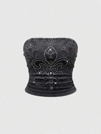 Grunge Punk Grunge Style Distressed Vintage Wash Rhinestone Embellished Fitted Women Tube Top