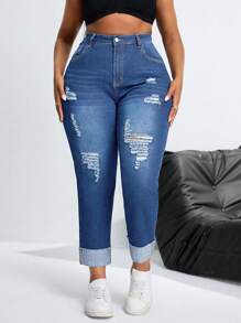 SHEIN SXY Plus Size Stretch Denim Fashion Sexy Long Pants - Medium Wash - View 3