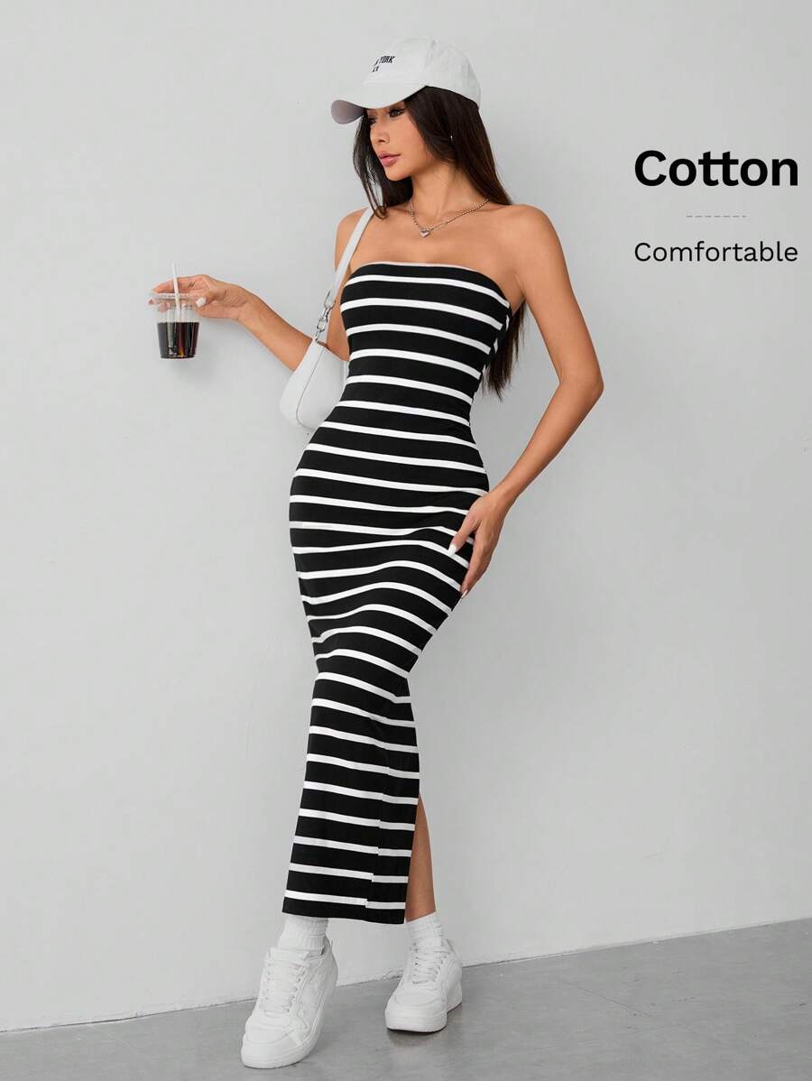 SHEIN PETITE Vestido de mujer con rayas tejidas y top tubular - Blanco y Negro - Ver 1