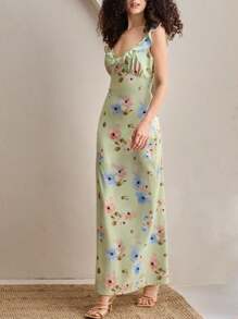 SHEIN Tall 优雅花卉印花荷叶边下摆超长吊带裙 - 黃色 - 查看 4