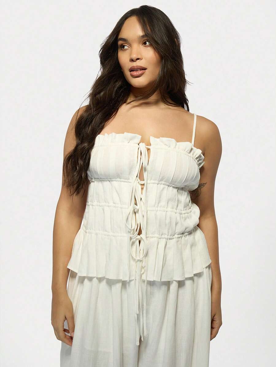 MISSGUIDED PLUS 褶皱褶边饰边紧身胸衣风格Cami上衣无袖夏季海滩度假节Boho Chic Plus Size时尚 - 白色 - 查看 1