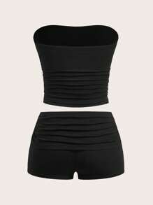 SHEIN EZwear 2 件套 女士纯色抹胸上衣，带褶饰和短裤套装 - 黑色 - 查看 2