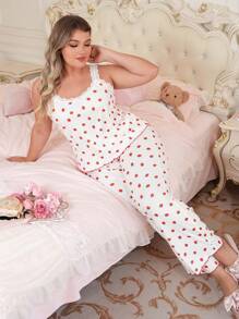 Plus Size Strawberry Ribbed Print Camisole & Pants Pajama Set - Multicolor - View 3