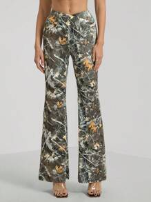 SHEIN Tall Women's Asymmetric Waist Branch Print Flare Leg Pants - Multicolor - View 1