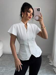 Selianne Elegant Romantic Vacation Women's Blouse With Stand Collar, Ruffle Sleeves, Ribbon Bowknot - White - View 3