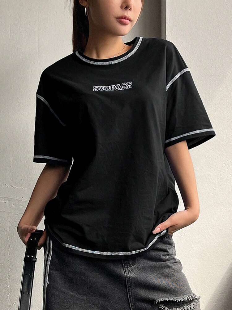 Letter Print Contrast Topstitching Decoration Loose Short Sleeve Women's T-Shirt For Summer Jersey