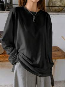 DAZY Áo thun hở vai xẻ tà, quần áo thu đông thời trang nữ dài tay - màu đen - Xem 5