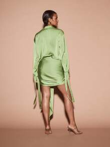 KIZN Satin Mini Dress Draped Front Tie Evening Party Long Sleeve Button Down Collared Elegant Silky Statement Front Split Spring Summer - Green - View 2