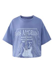 SHEIN Explorewe 2pcs/Set Teen Girls Printed Cropped T-Shirt And Solid Color Elastic Waist Shorts Set - Multicolor - View 6