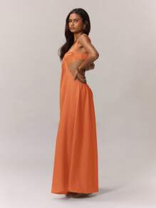MUSERA 超宽腿连体裤，垂褶前胸罩杯设计，侧边镂空，露背，度假波西米亚风，西部牛仔风，春夏度假沙滩装，优雅伊比沙岛假日婚礼宾客约会之夜性感晚装，波西米亚橙色婚礼派对 - 橘色 - 查看 3
