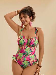 Travachic Plus Size Tropical Floral Print Colorful Shoulder Tie Strap Princess Style One-Piece Swimsuit With Ruffle Hem, Slimming