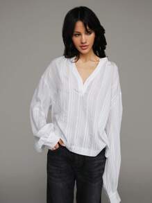 TRNVIE Bluză lejeră de vacanță, din jacquard, cu dungi transparente, cu jumătate de plăcuță, pentru femei