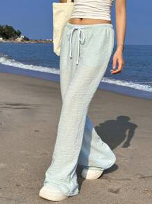 SHEIN EZwear Women's Solid Color Drawstring Waist Wide Leg Casual Pants, Spring , Summer , Beach For Women - Blue - View 4
