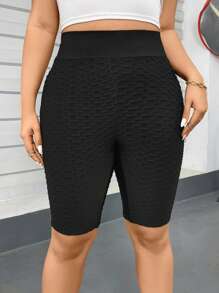 SHEIN Essnce 大码女式春夏时尚休闲运动舒适高弹力纹理面料日常修身黑色机车短裤紧身裤、女式下装、街头服饰、女士夏季服装、夏季短裤、慢跑裤、曲线裤