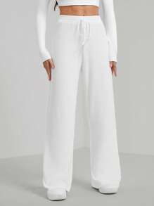 SHEIN Tall Ribbed Knit Knot Front Wide Leg Pants - White - View 5