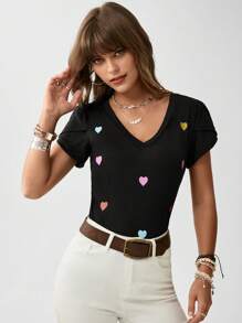 SHEIN LUNE Women's Romantic Heart Print V-Neck Petal Sleeve T-Shirt, Valentine's Day - Black - View 5