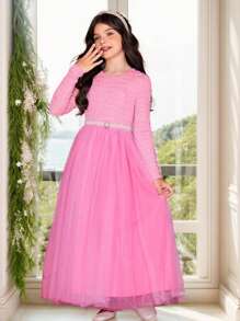 SHEIN Leap Crew Tween Girl Contrast Mesh Hem Dress Without Belt - Pink - View 1