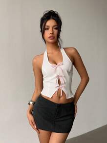 Aloruh Solid Color Bow Decor Backless Fitted Cropped Tank Top - White - View 5