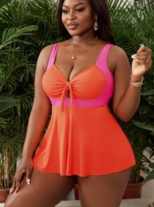 SHEIN Swim Curve Plus Size Women Fashion Casual Vacation Colorblock Hollow Tankini Swimwear Set