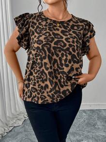 SHEIN Clasi 大码豹纹荷叶边下摆豹纹衬衫、女式衬衫和衬衫、女式工作衬衫、豹纹上衣、女士度假装、女士夏季装、女士商务休闲装、女士外出上衣、女士办公装、女士春季装、节日 - 棕色 - 查看 5